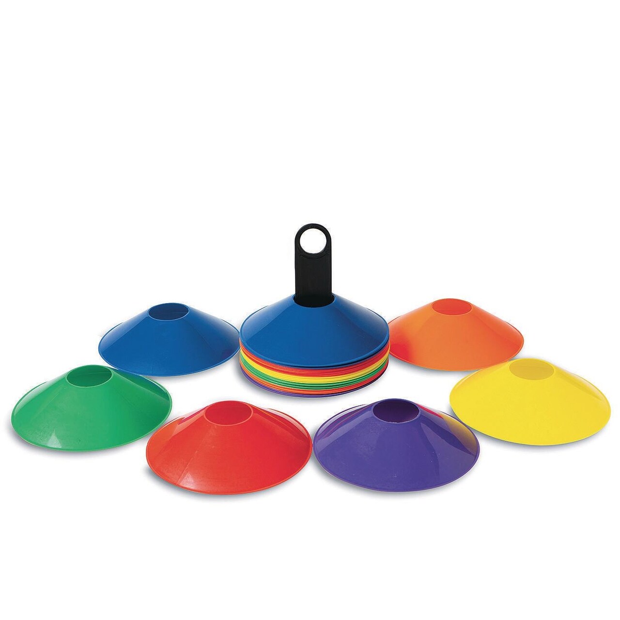 S&#x26;S Worldwide Spectrum, Half Cone Super Set.  Durable and Economical Polyethylene Plastic Cones. 8&#x22; Dia, x 2&#x22;H with 2&#x22; Center Hole. Includes Carry / Storage Holder. 6 Each in 6 Colors. Set of 36.
